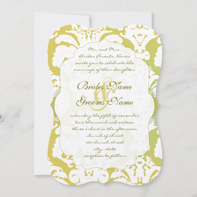 Monogram Lime Light Gold Damask Wedding Invitation (Front)