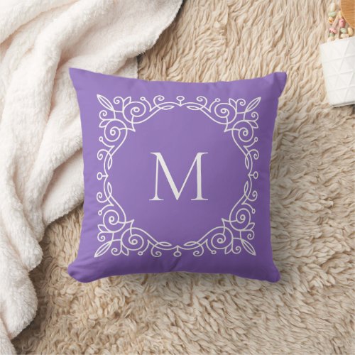 Monogram Line Art Frame White on cold violet Throw Pillow