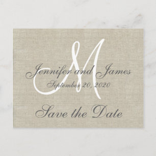Monogram Linen Save the Date Announcement Postcard