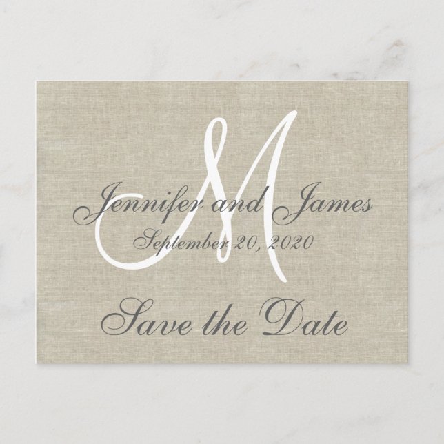 Monogram Linen Save the Date Announcement Postcard (Front)