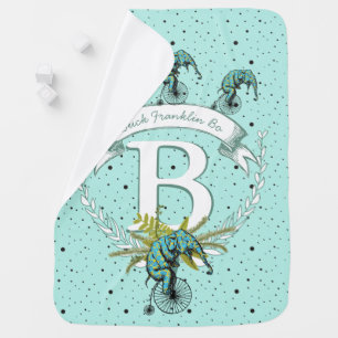 Monogram Little Boy Blue Elephant Baby Boy Stroller Blanket