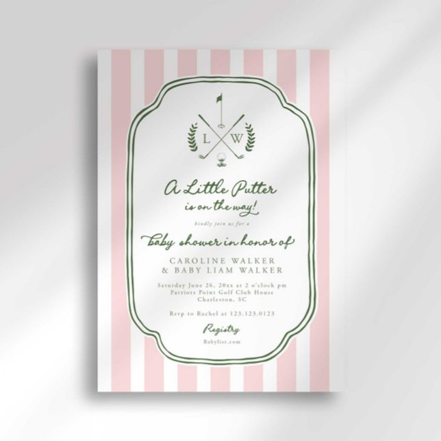 Monogram Little Putter on Way Golf Baby Shower Invitation (Creator Uploaded)