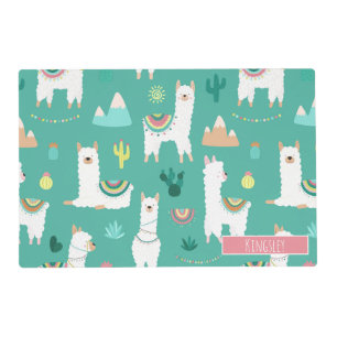 Monogram Llama and Cactus Patterned in Green Placemat