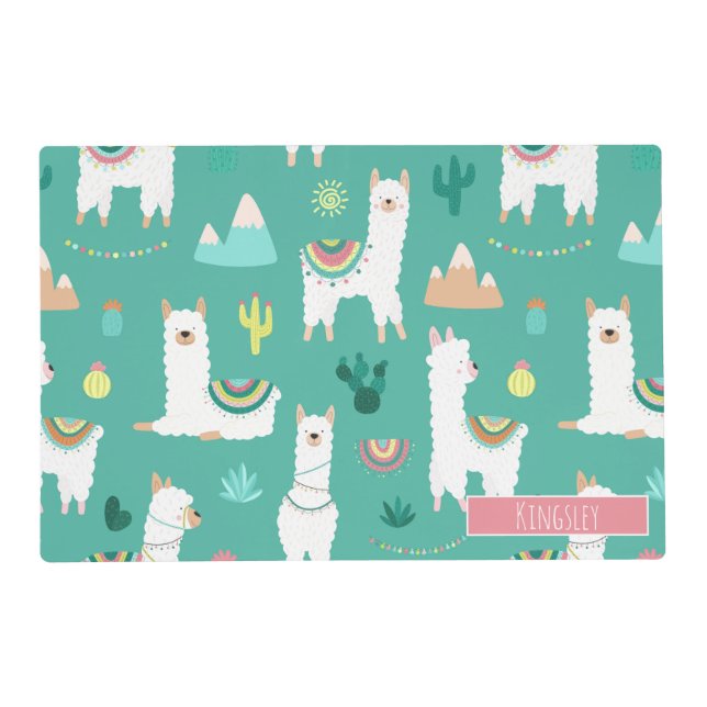 Monogram Llama and Cactus Patterned in Green Placemat (Front)