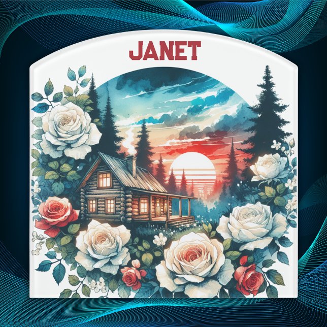 Monogram Log Cabin at Sunrise & Flowers on white | Door Sign (Creator Uploaded)