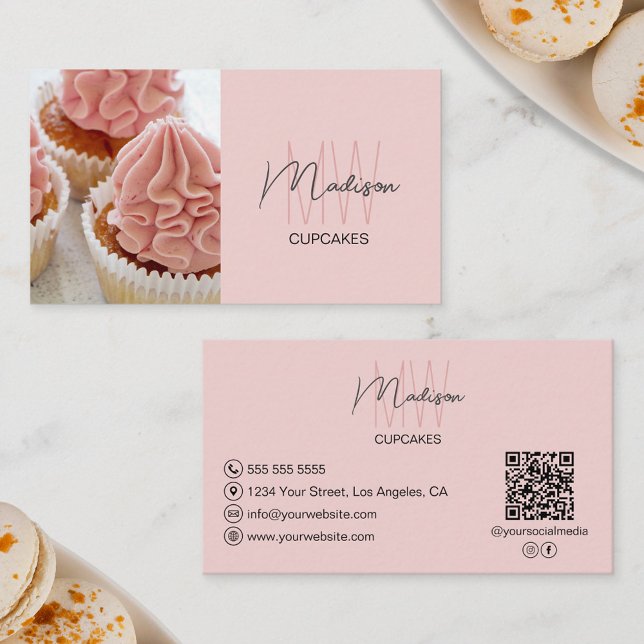Monogram Logo Bakery Photo QR Pink Business Card (Monogram Logo Bakery Photo QR Pink Business Card)