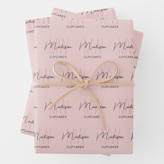 Monogram Logo Bakery Pink Wrapping Paper Sheets (In situ)