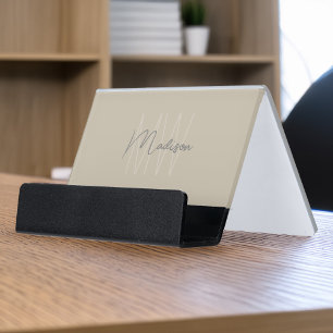 Monogram Logo Beige Modern Minimalist Desk Business Card Holder