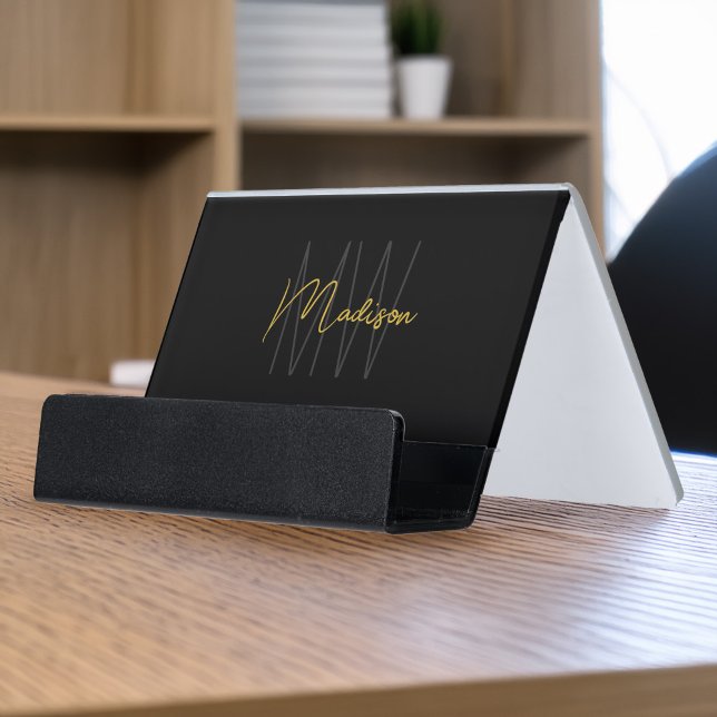 Monogram Logo Black Gold Modern Minimalist Desk Business Card Holder (Monogram Logo Black Gold Modern Minimalist Desk Business Card Holder)