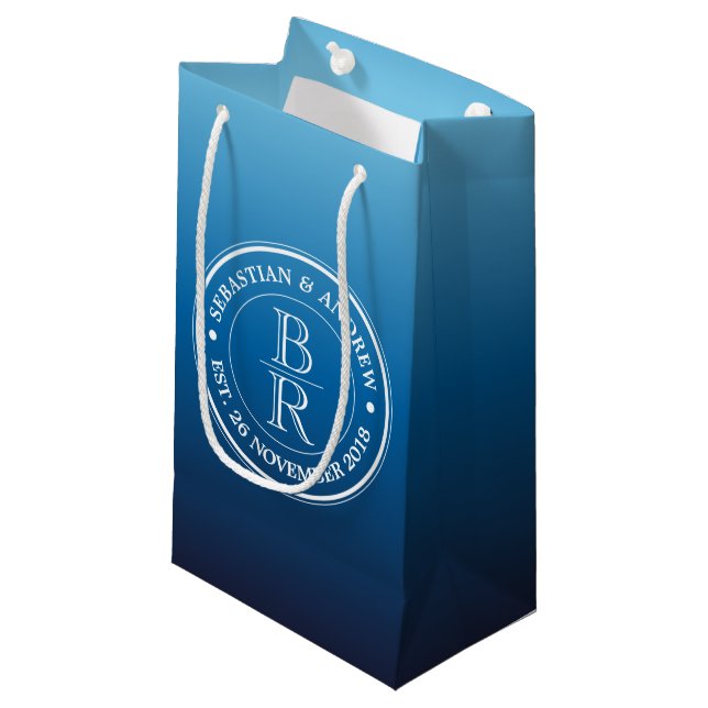 Monogram Logo Blue Ombre Gay Wedding Anniversary Small Gift Bag (Front Angled)