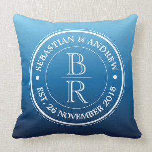 Monogram Logo Blue Ombre Gay Wedding Anniversary Throw Pillow