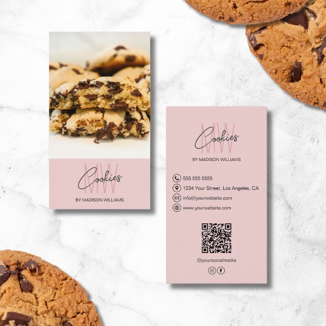 Monogram Logo Cookies Bakery Photo QR Pink Business Card (Monogram Logo Cookies Bakery Photo QR Pink Business Card)