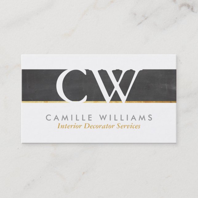 MONOGRAM LOGO cool rustic chalkboard grey gold Business Card (Front)