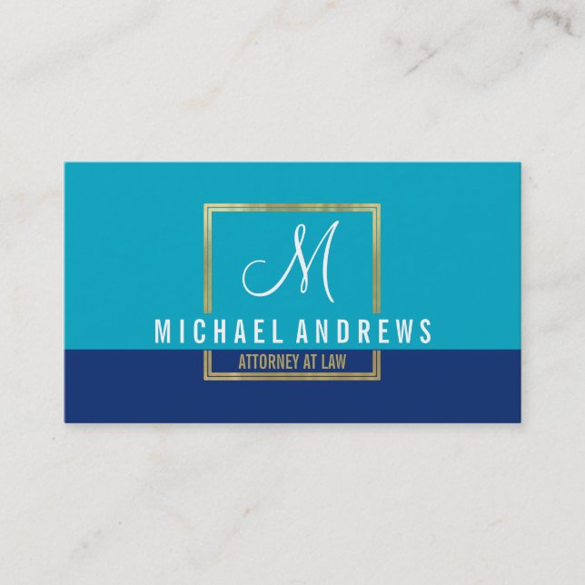MONOGRAM LOGO modern smart gold box aqua navy blue Business Card (Front)