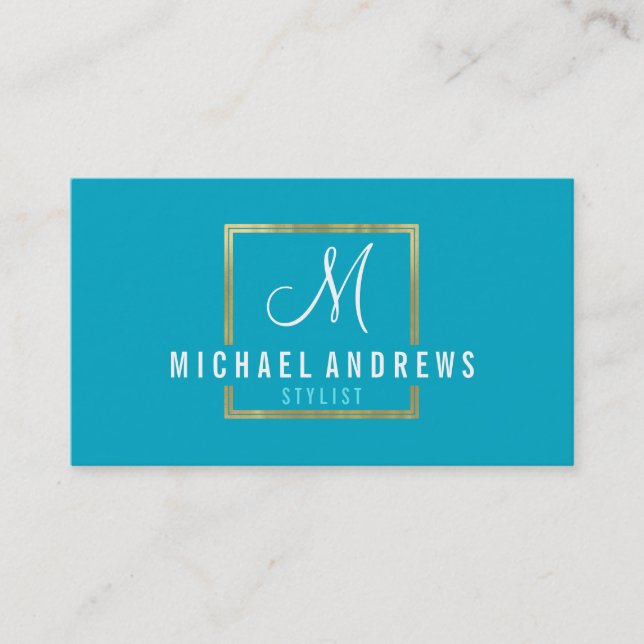 MONOGRAM LOGO modern smart gold box turquoise Business Card (Front)