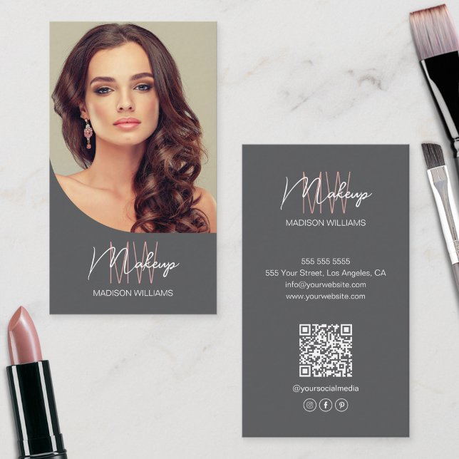 Monogram Logo Photo Makeup Artist Gray Business Card (Monogram Logo Photo Makeup Artist Gray Business Card)