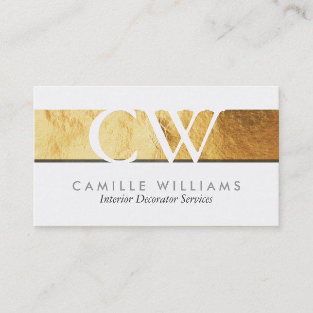 MONOGRAM LOGO smart glamorous gold foil gray strip Business Card (Front)