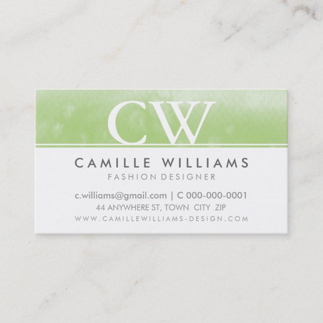 MONOGRAM LOGO whimsical ombre watercolor green Business Card (Front)