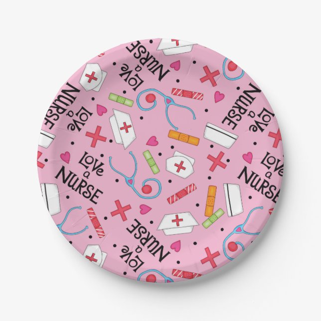Monogram Love A Nurse Whimsy Art Pink Paper Plates (Front)