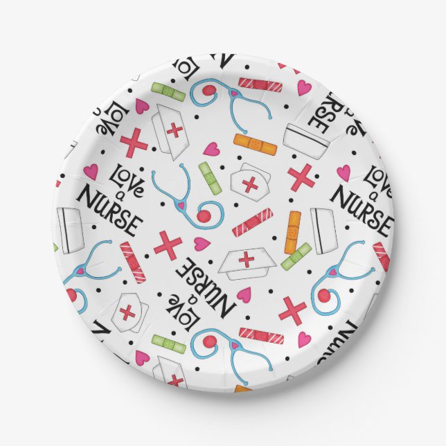 Monogram Love A Nurse Whimsy Art White Paper Plates (Front)