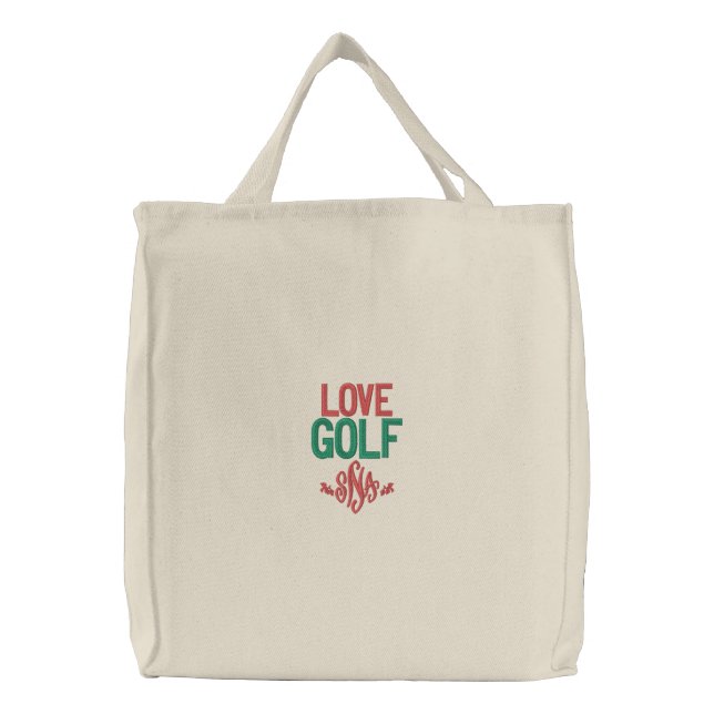 Monogram Love Golf Red Green Embroidered Tote Bag (Front)