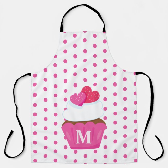 Monogram Love Hearts Cupcake Polka Dot Valentines Apron (Front)