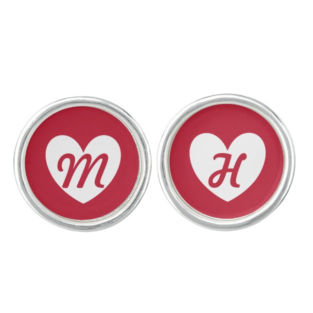Monogram love hearts white on red cufflinks (Front)