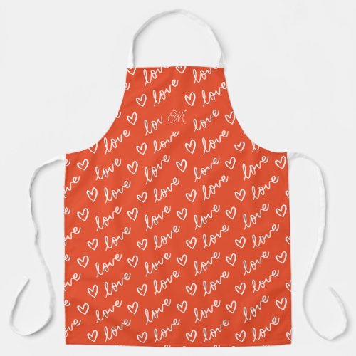 Monogram Love lettering  hearts drawing in red Apron