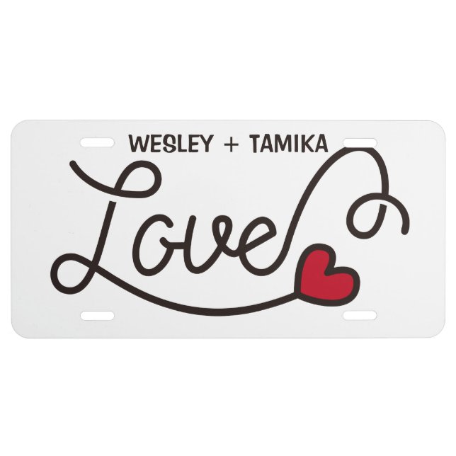 Monogram Love Modern Typography Art Red Heart License Plate (Front)