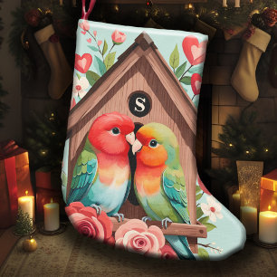Monogram Lovebird Couple Birdhouse & Heart Pastel Small Christmas Stocking