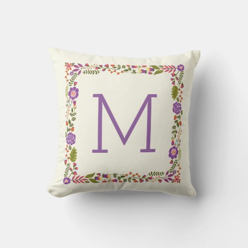 Monogram lovely spring floral purple orange outdoor pillow