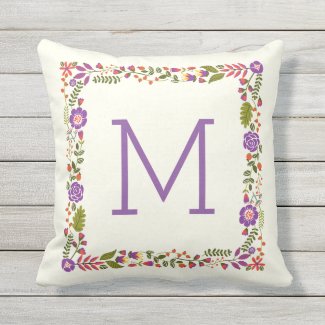 Monogram lovely spring floral purple, orange outdoor pillow