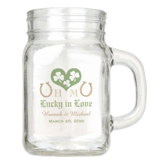MONOGRAM LUCKY IN LOVE SHAMROCK HORSESHOE WEDDING MASON JAR