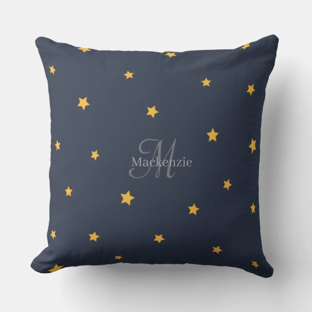 Monogram Lucky Stars  Navy Blue Gray Throw Pillow (Front)