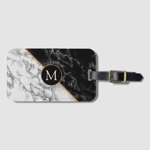 Monogram Luggage Tag Black White Marble Stone