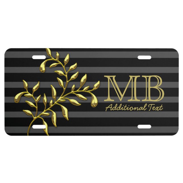 Monogram Luxe Golden Branch Black Grey Stripes License Plate (Front)