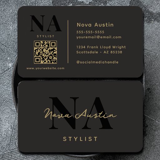 Customizable Monogram Luxe Trendy Aesthetic Gold Black QR Code Business Card