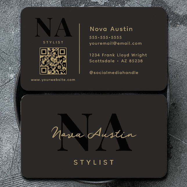Monogram Luxe Trendy Aesthetic Gold Black QR Code Business Card (Creator Uploaded)