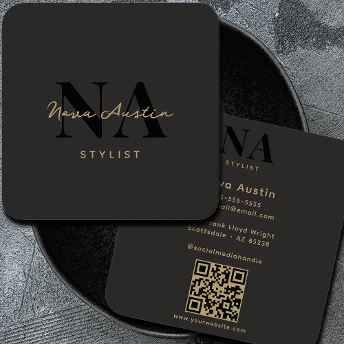 Monogram Luxe Trendy Aesthetic Gold Black QR Code Square Business Card