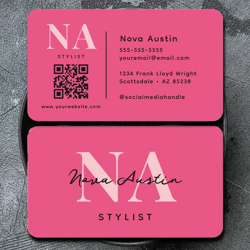 Monogram Luxe Trendy Aesthetic Hot Pink QR Code Business Card