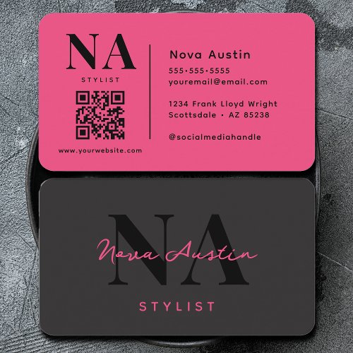 Monogram Luxe Trendy Aesthetic Hot Pink QR Code Business Card