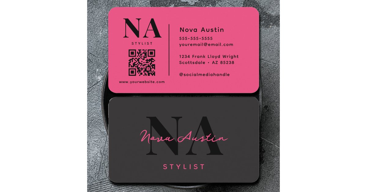 Monogram Luxe Trendy Aesthetic Hot Pink QR Code Business Card