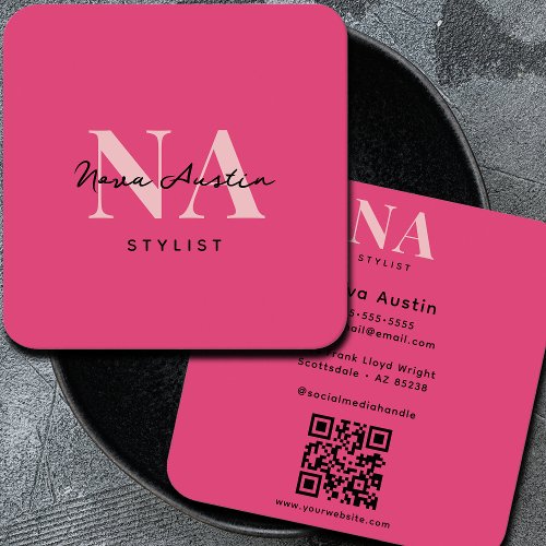 Monogram Luxe Trendy Aesthetic Hot Pink QR Code Square Business Card