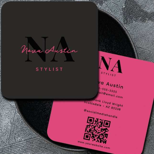 Monogram Luxe Trendy Aesthetic Hot Pink QR Code Square Business Card (Creator Uploaded)