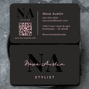Monogram Luxe Trendy Aesthetic Pink Black QR Code Business Card