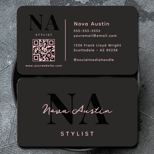 Monogram Luxe Trendy Aesthetic Pink Black QR Code Business Card