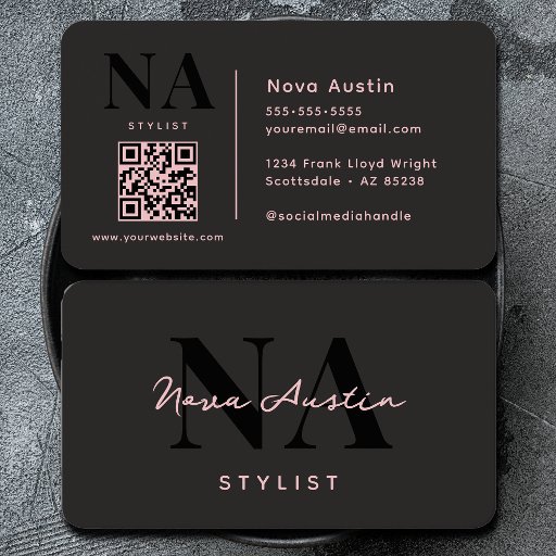 Customizable Monogram Luxe Trendy Aesthetic Pink Black QR Code Business Card