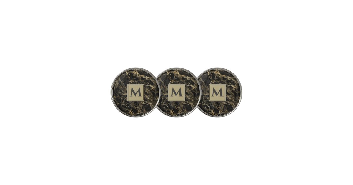 Monogram Luxury Black and Gold Marble Golf Ball Marker | Zazzle