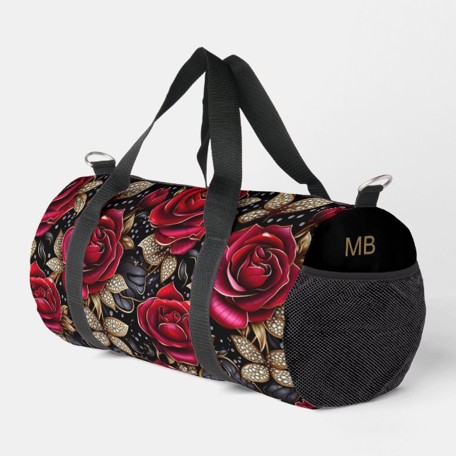 Monogram Luxury Red Rose Floral Pattern Duffle Bag (Right Corner)
