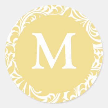 Monogram M Antique Gold And White Wedding Favors Classic Round Sticker by MonogramGifts at Zazzle